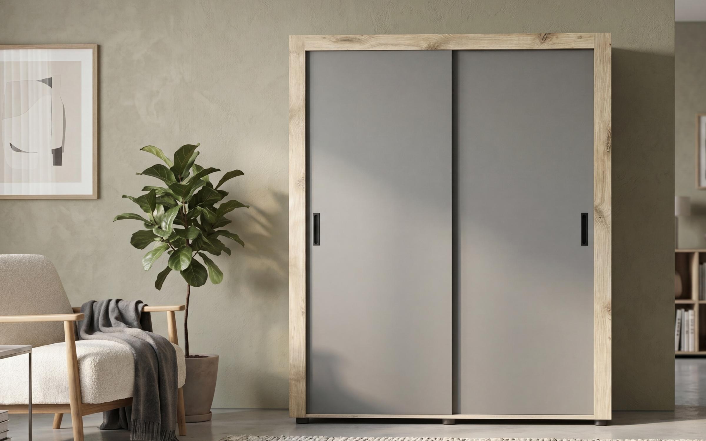 Ντουλάπα με συρόμενες πόρτες Moreti, ανοιχτόχρωμη σκανδιναβική δρυς + ανθρακί ματ  3